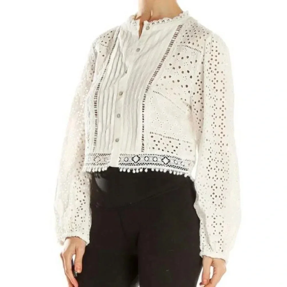 ZARA | White Lace Eyelet Button Up Balloon Sleeve‎ Blouse | Size Large
